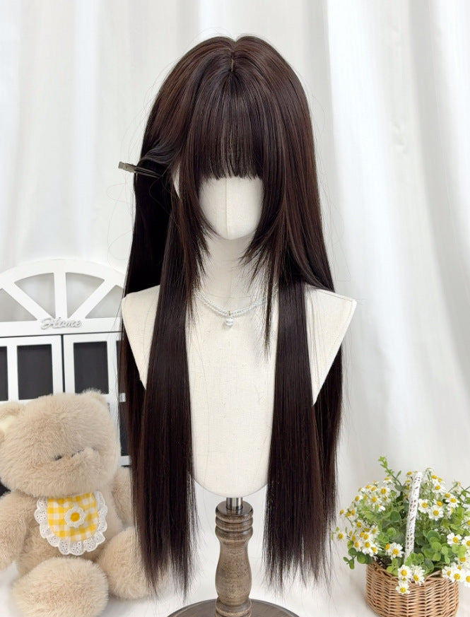 Cute Female Daily Natural Bangs Black Royal Sweet Long Straight Wig
