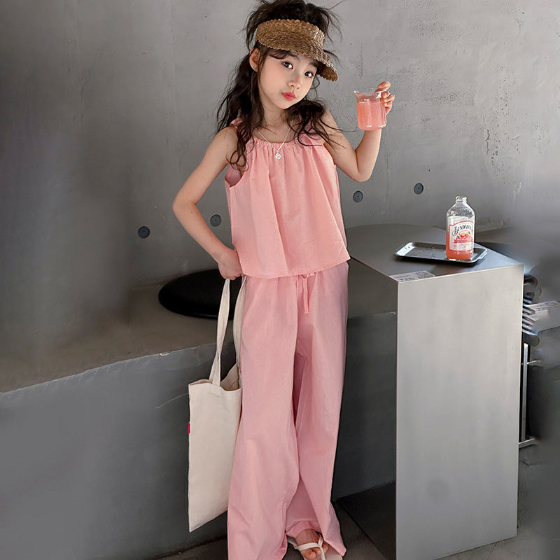 Summer Cotton Linen Sleeveless Pants Middle Big Korean Children's Suit