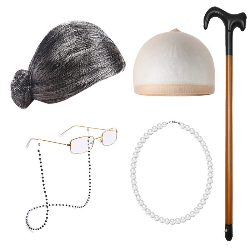 School Day Old Grandma Grandpa Crutches Lady Cos Wig