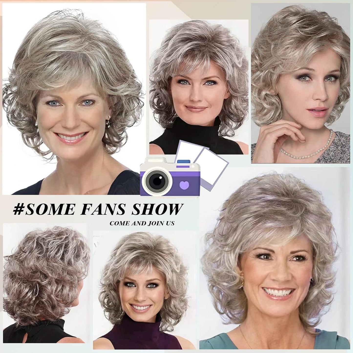 Women's Fashion Synthetic Wigs Gray White Medium Wig Short Curly Hair