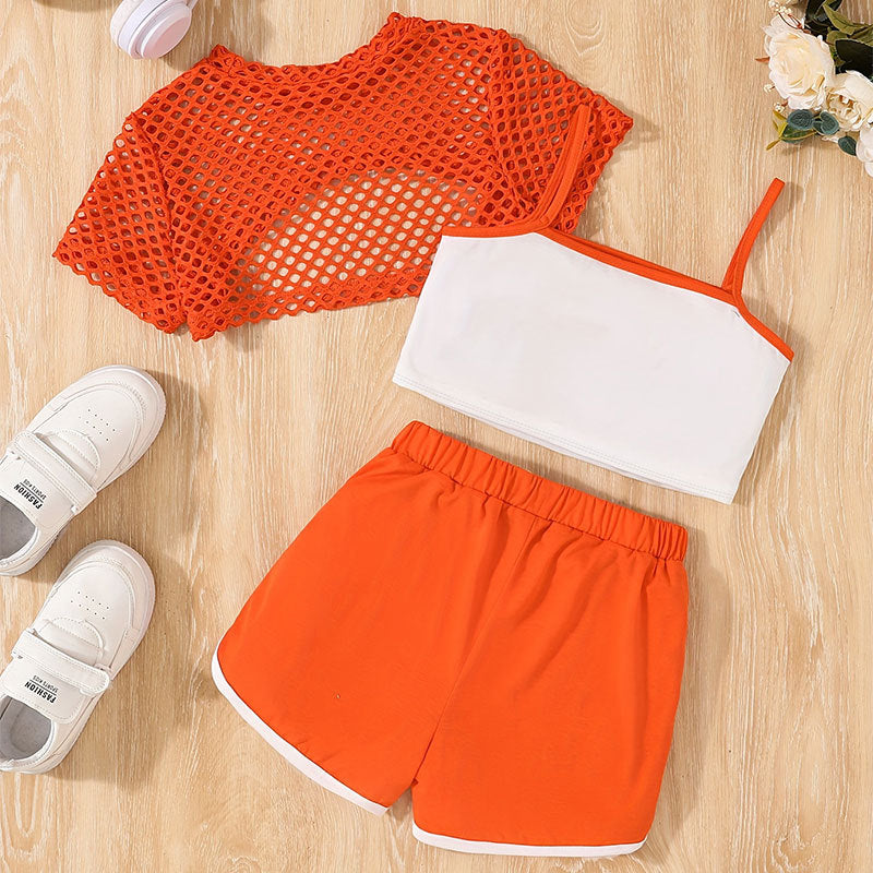 Mesh Hollow Out Camisole Vest Shorts Sports Children's Suit