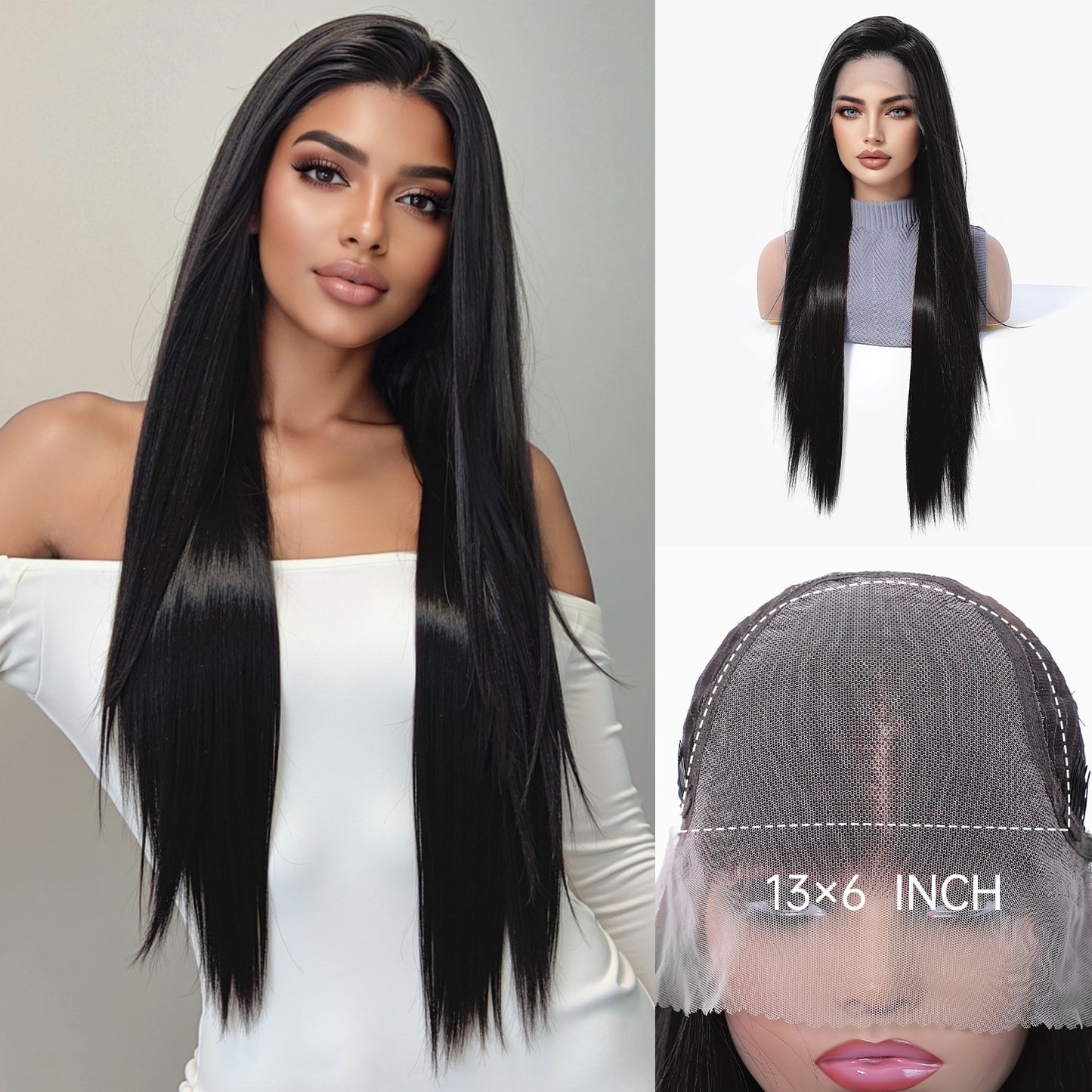 Imported Silk Black Lace Female Free Seam Breathable Long Straight Wig