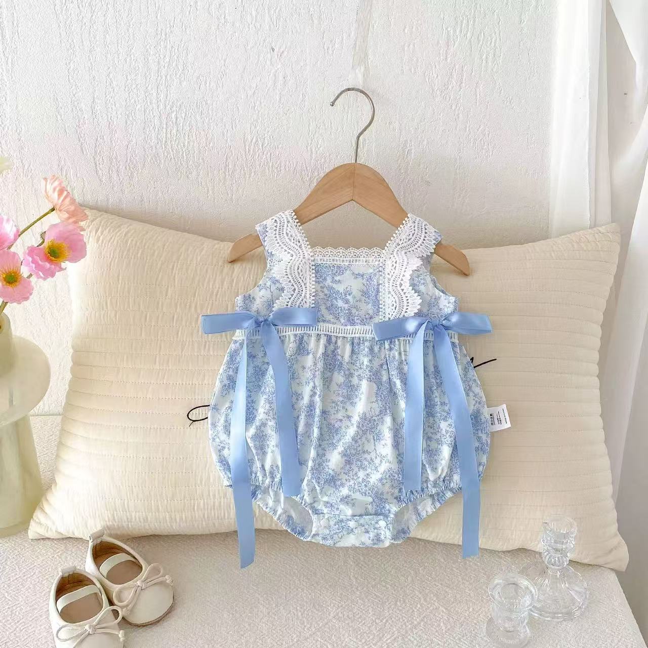 Infant Summer One-piece Western Style Lace Bow Bandage Ink Jumpsuit, Climbing Suit