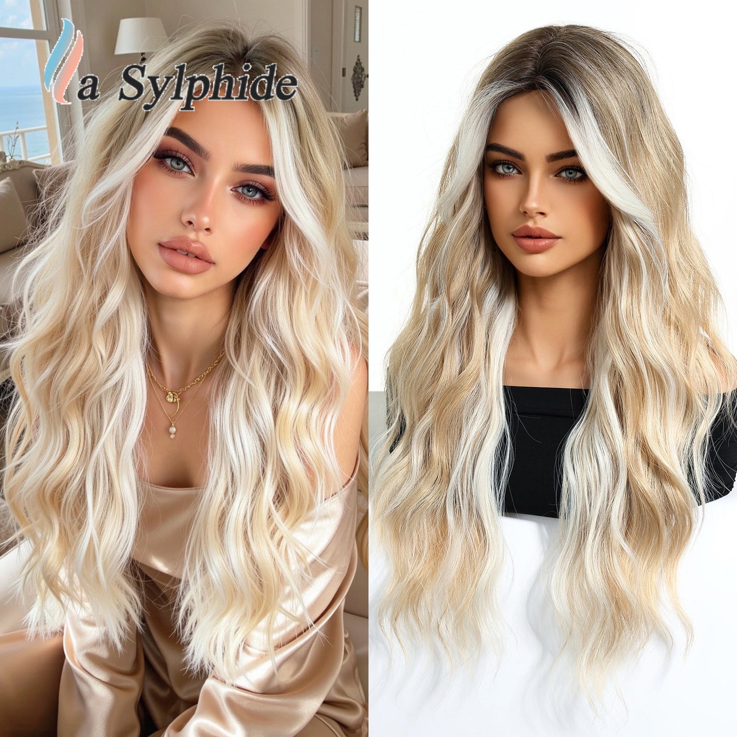 Gradient Bleached Gold Curly Hair Mid-length Bangs Wig Long Curls