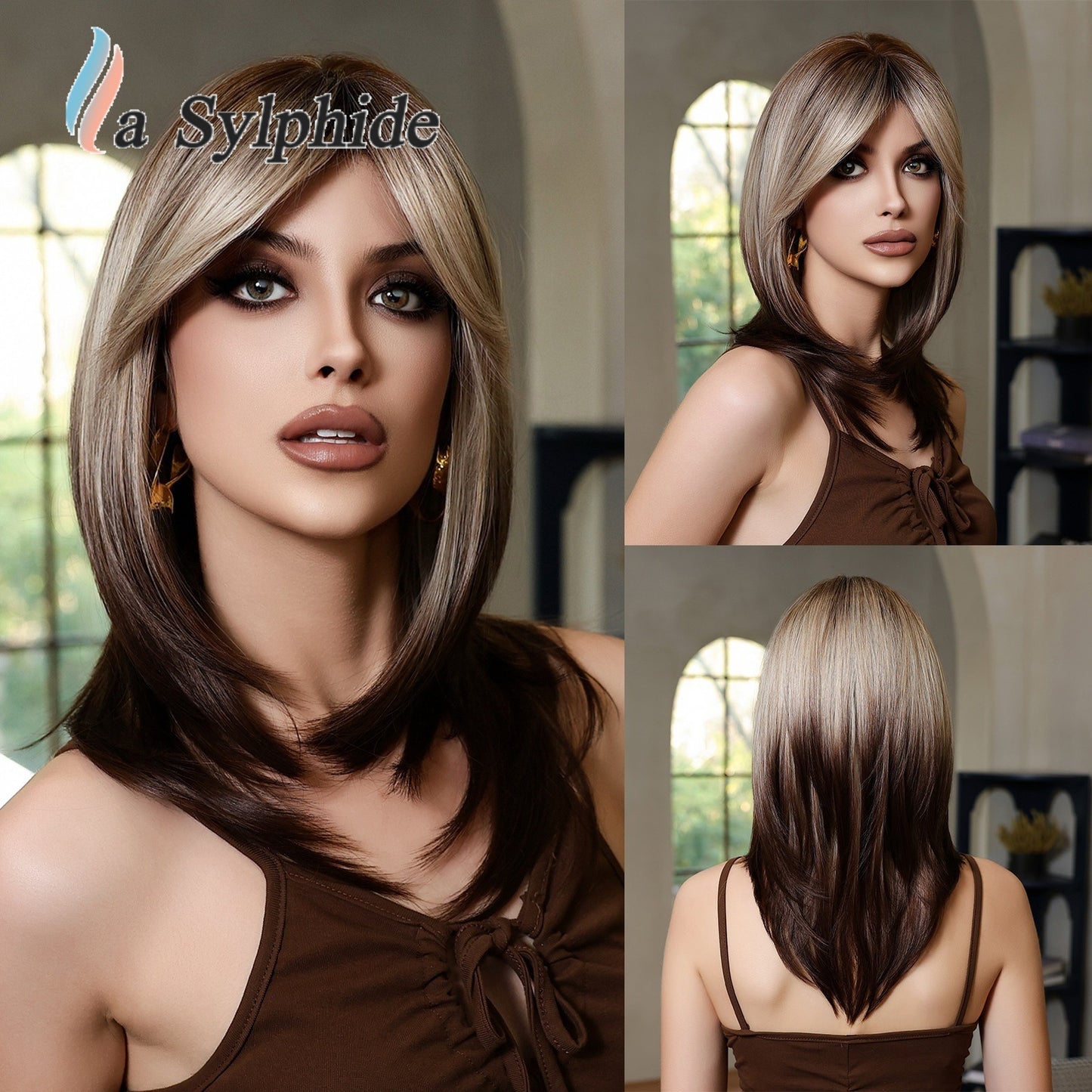 Brown Partial Hair Matte Fiber Age Reducing High Level Collarbone Long Straight Wig