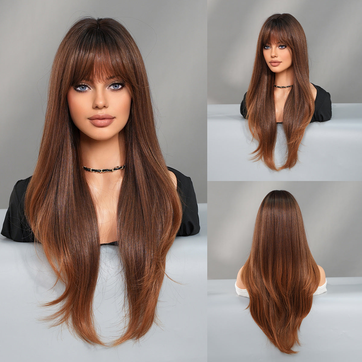 Black Full Top Bangs High Quality Chemical Long Straight Wig