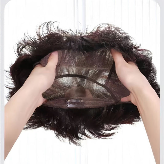 Women's Woven Double Delivery Needle Short Straight Head Cover Real Hair Wig