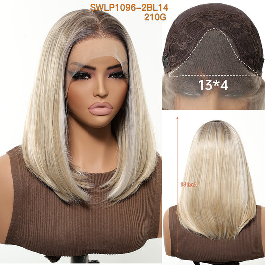 Women's Crocheted Lace On Forehead Fiber Gradient Golden Wig Short Straight Hair