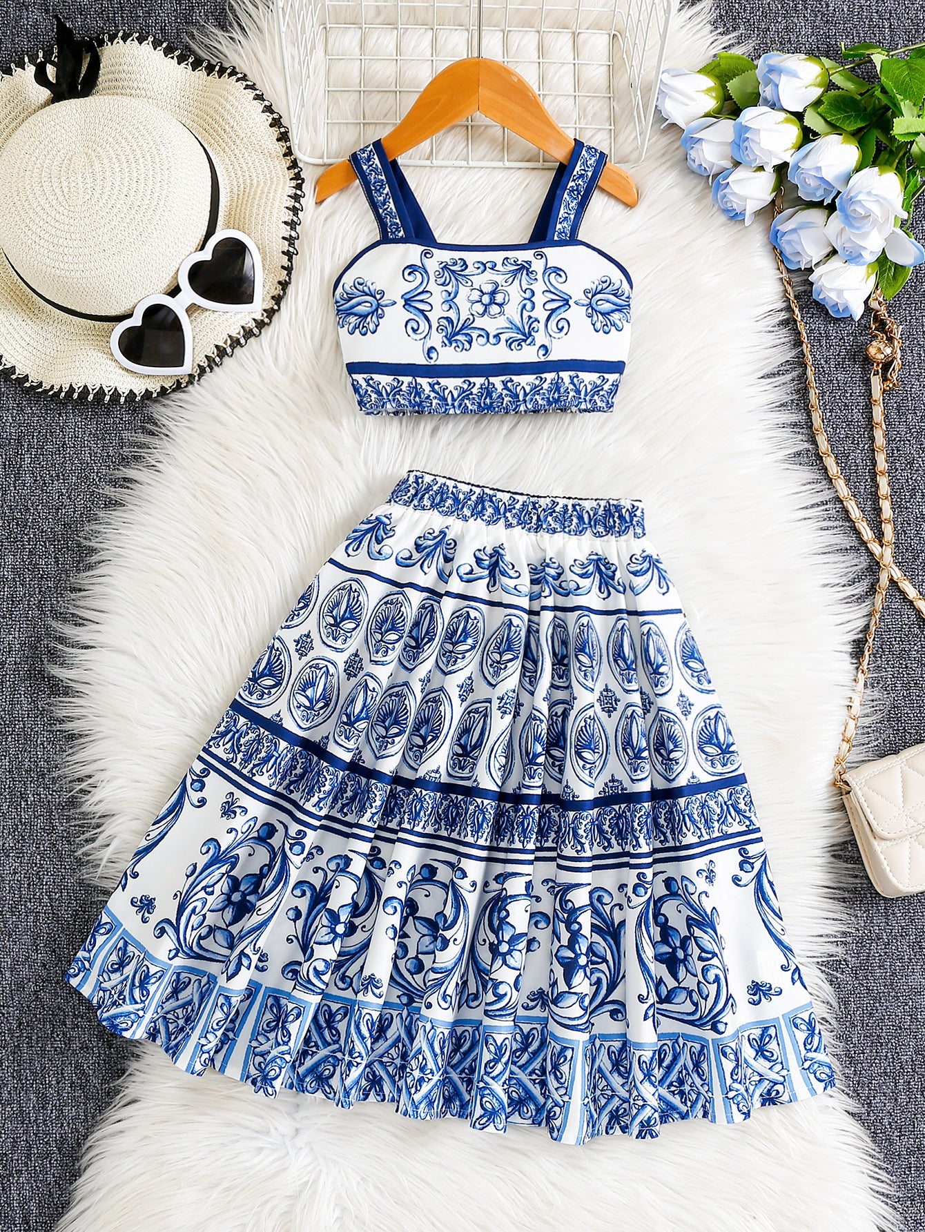 Blue White Porcelain Ethnic Dress Young Little Summer Children's Suit