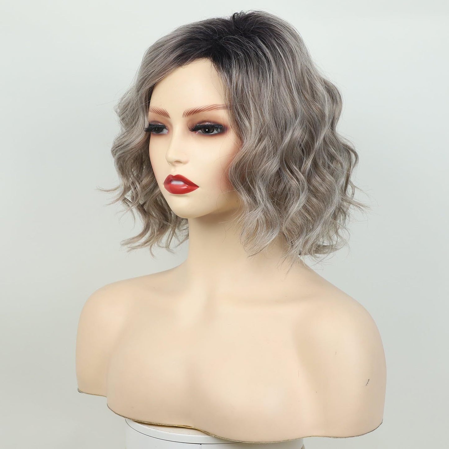 Women's Split Mid-length Gray Gold Gradient Water Ripple Synthetic Wig Short Curly Hair