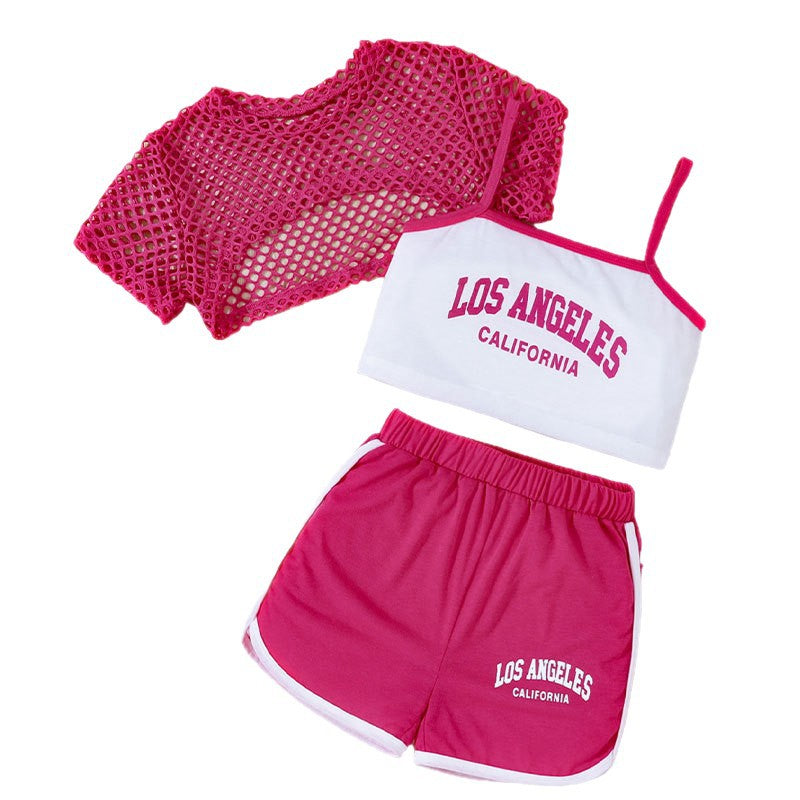 Mesh Hollow Out Camisole Vest Shorts Sports Children's Suit