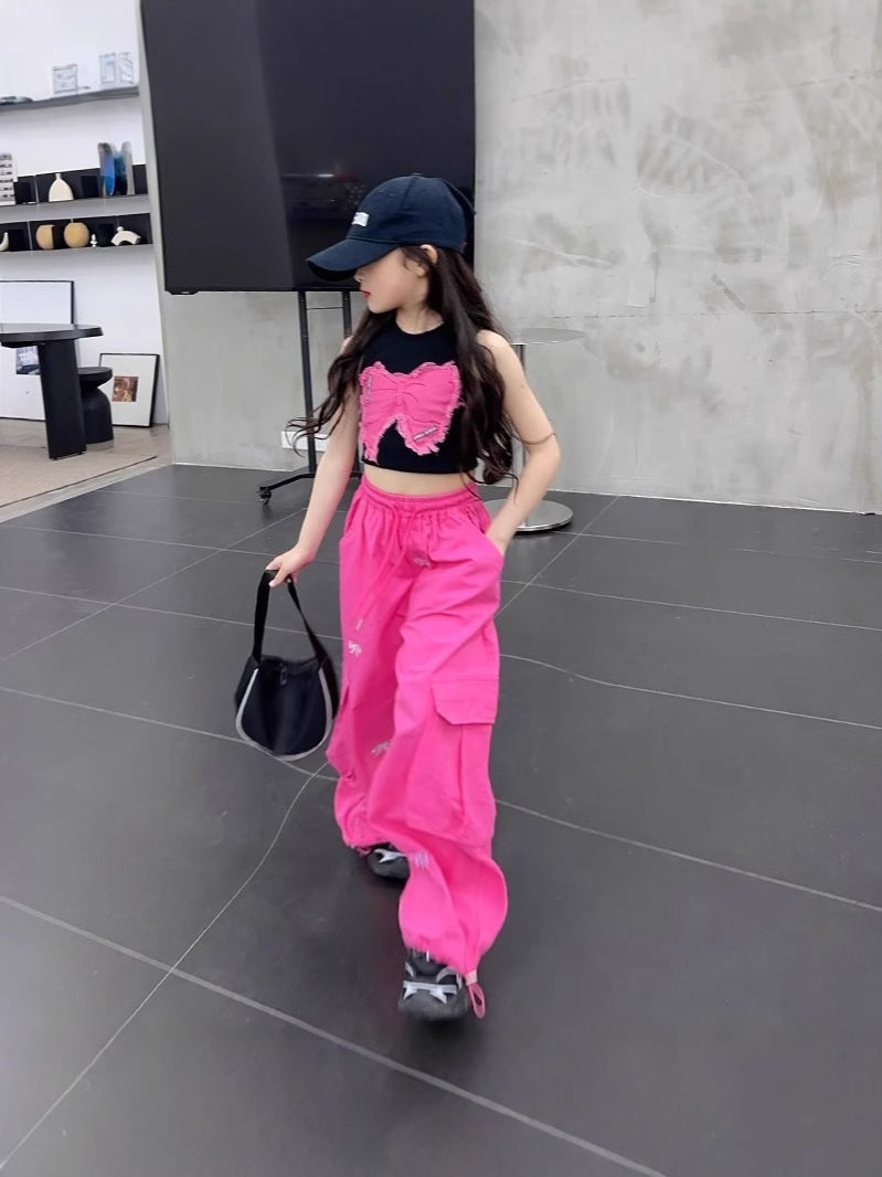 Retro Fun Bow Embroidered Casual Trousers Wide Leg High Children's Pants