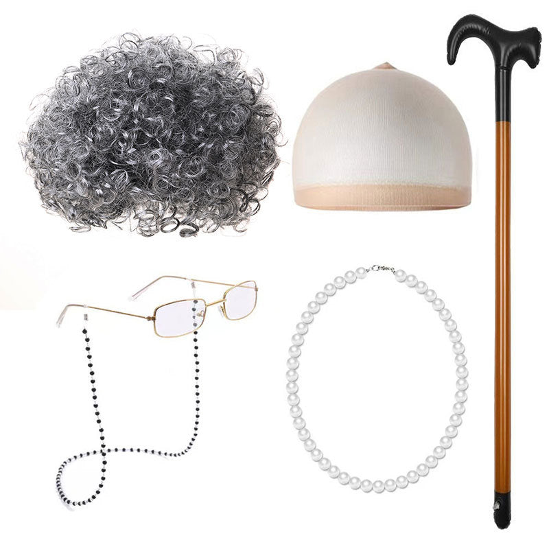 School Day Old Grandma Grandpa Crutches Lady Cos Wig