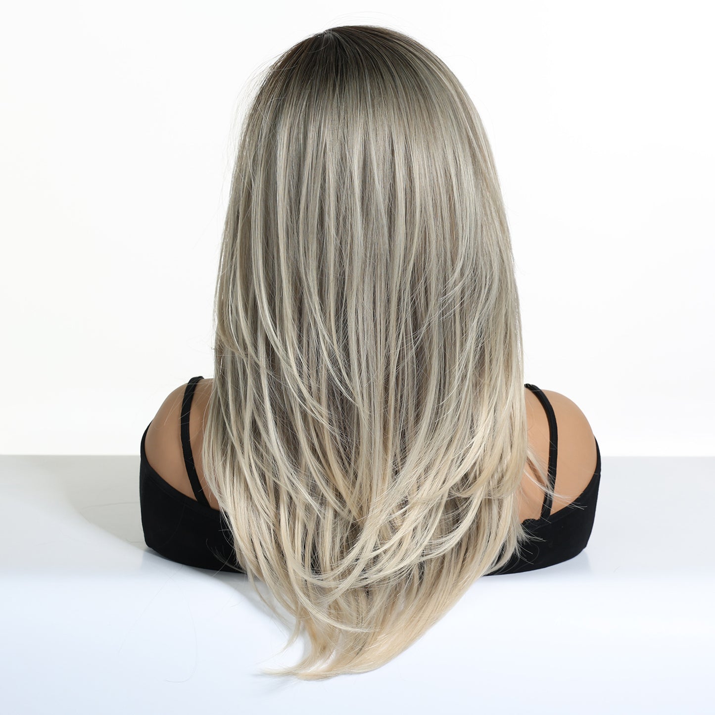 Gradient Highlight Split French Bangs Medium Hair Chemical Fiber Long Straight Wig