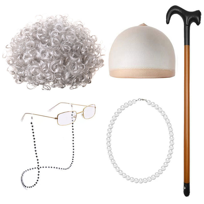 School Day Old Grandma Grandpa Crutches Lady Cos Wig