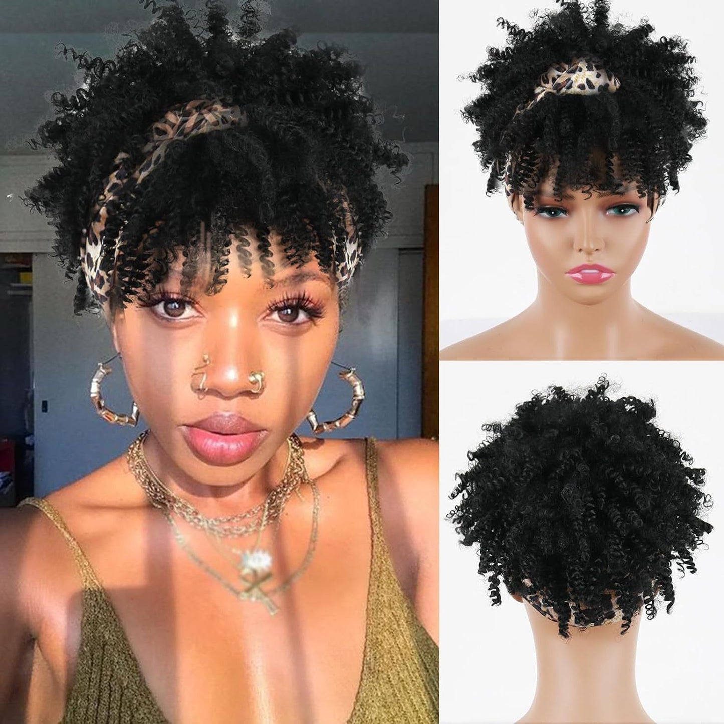 Women's African Small Bangs Integrated Headband Chemical Wig Short Curly Hair