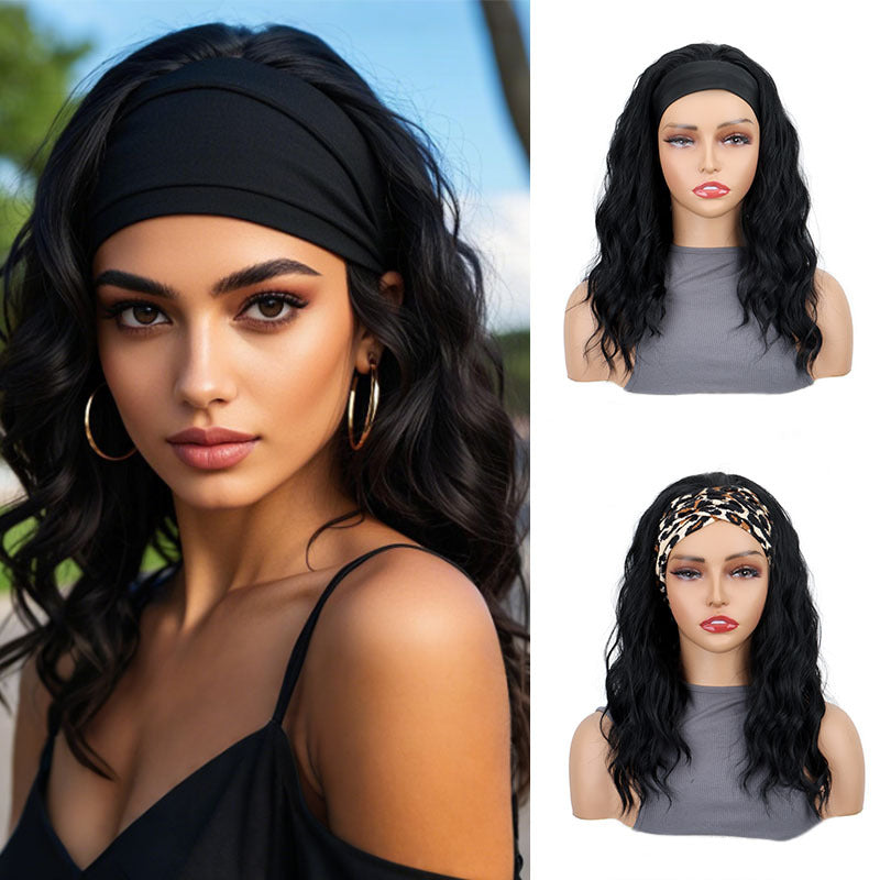 Women's Silk Headband Water Ripple Long Curly Hair Chemical Wig Ponytail
