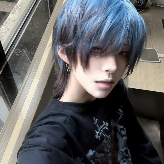 Black Blue Gradient Wolf Tail Short Hair Burst Top Dyed Men's Wig