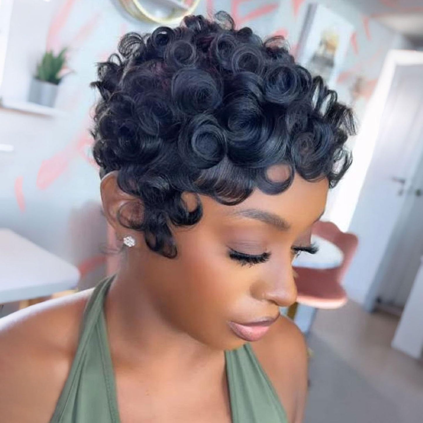 Women's African Small Black Elf Fiber Wig Short Curly Hair