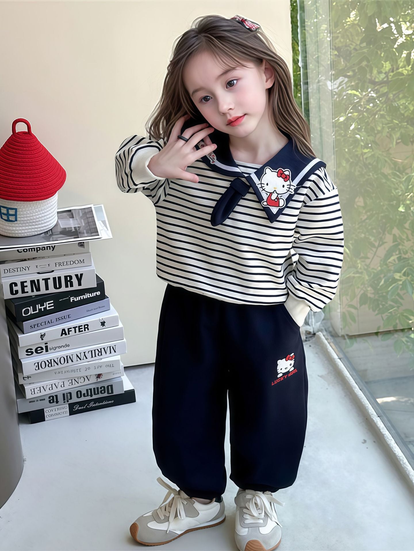 Children's Sweater Cute Sailor Collar Leisure Sports Cartoon Striped Children's Suit