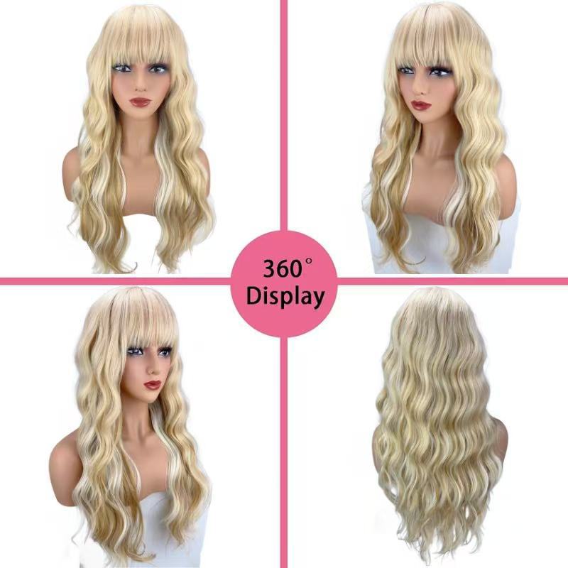 Curly Hair White Gold Color Straight Bangs Big Wave Fluffy Wig Long Curls