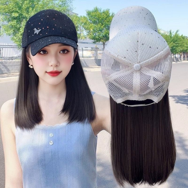 Hollow Inner Buckle Baseball Cap Collarbone Net Long Straight Wig