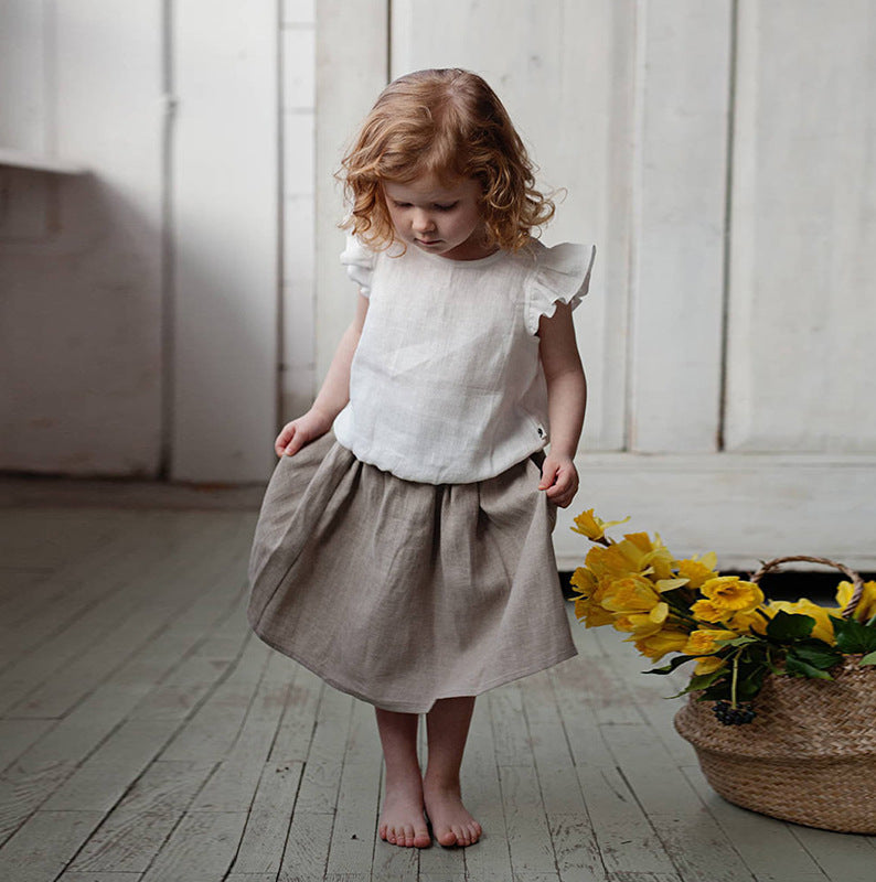 Cotton Linen Shirt Summer Short-sleeved Flying Sleeve Children's T-shirt