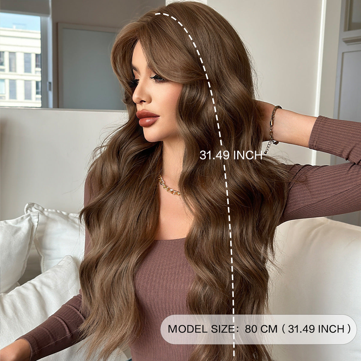 Women's Daily Seamless Square Round Face Hair Wig Long Curls