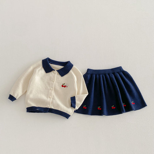 Preppy Style Spring Cherry Sweater Cardigan Skirt Two-piece Children's Suit