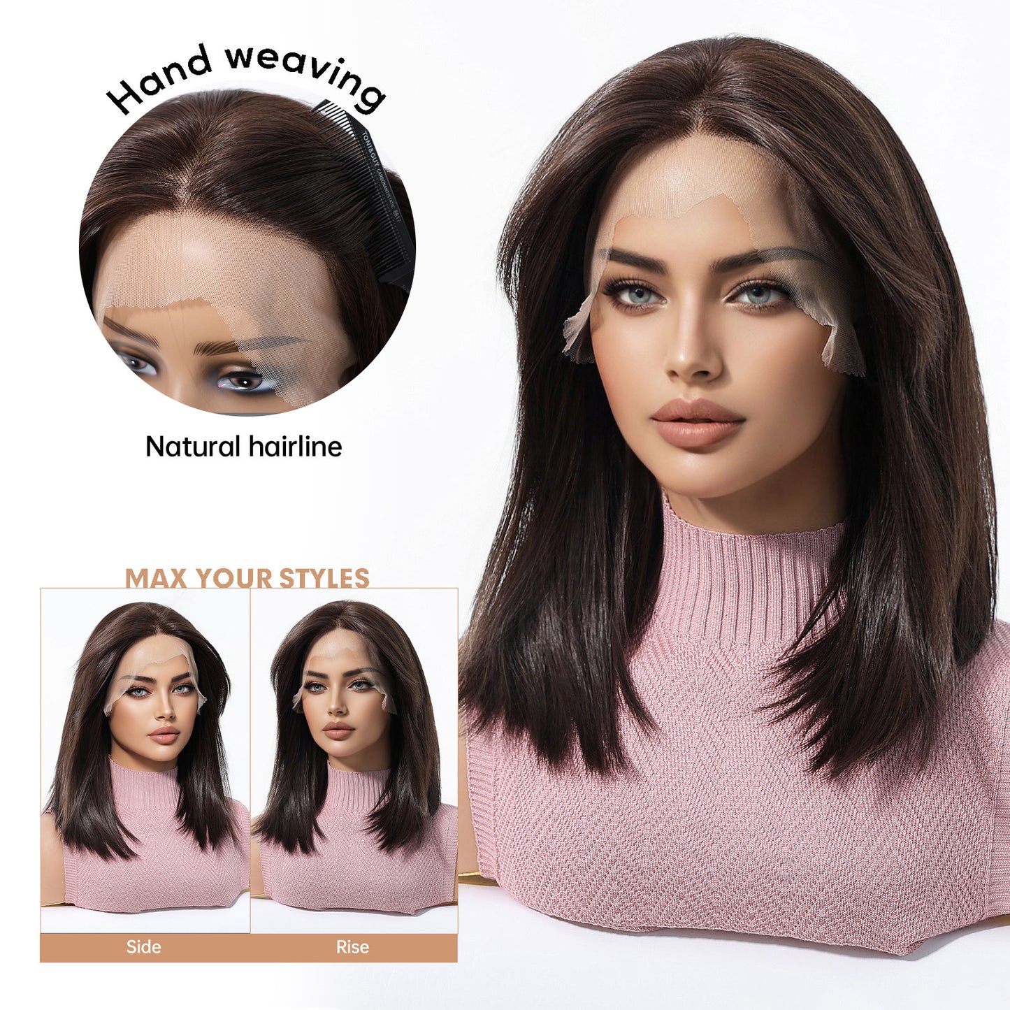 Area Lace Dark Brown Natural Realistic Matte Wig Short Straight Hair