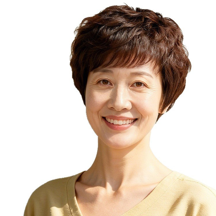 For Ladies Mother Real Full Human Natural Summer Thin Wig Short Curly Hair