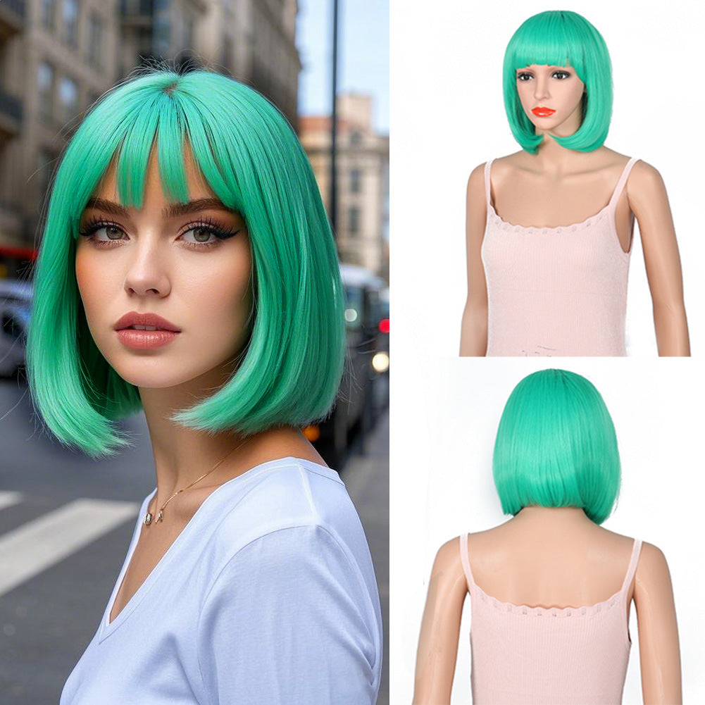 Women's Fashion Long Black Head Cover With Wig Short Straight Hair