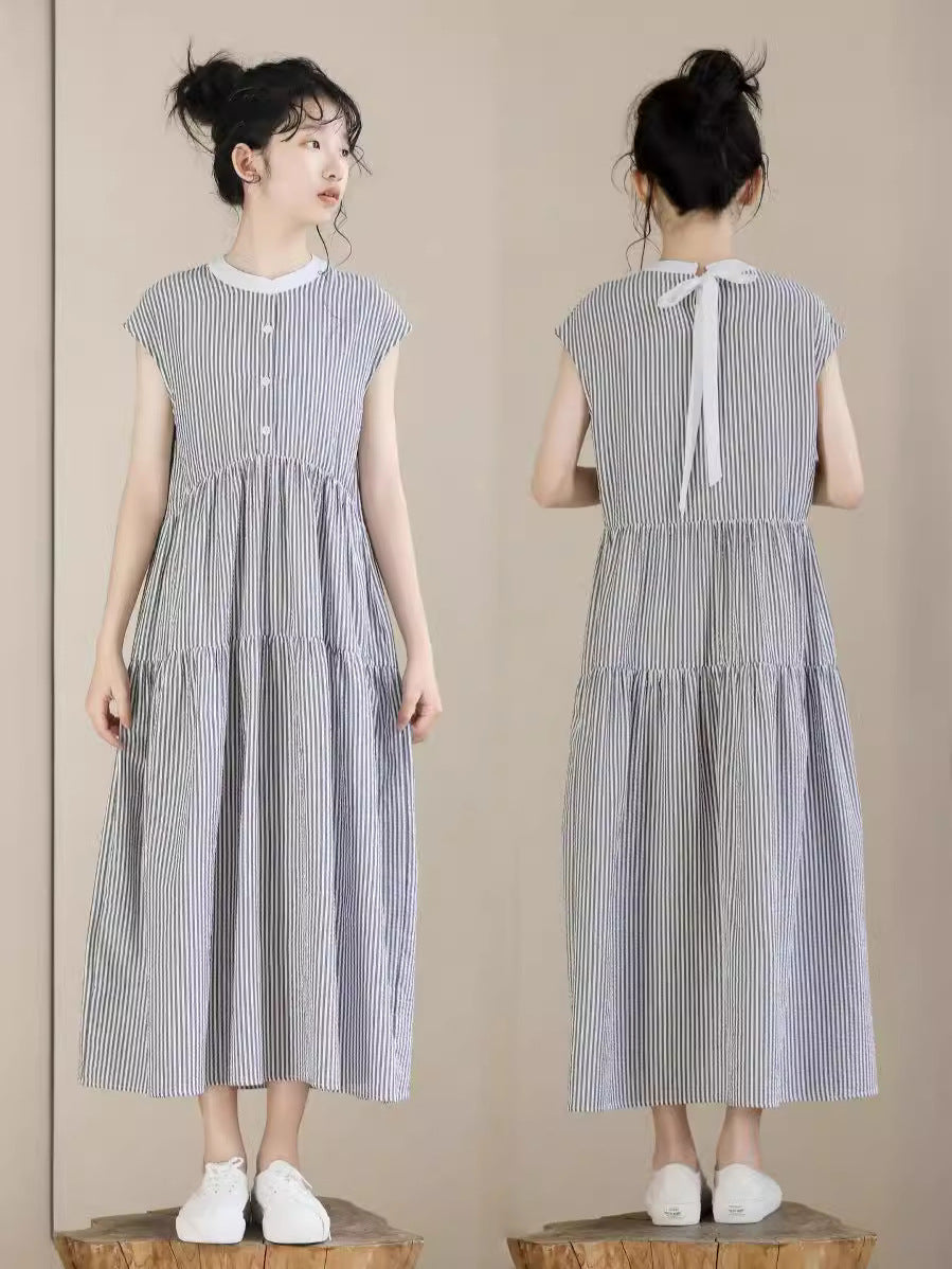 Summer Striped Stand Collar Long Sleeveless Children's Dress