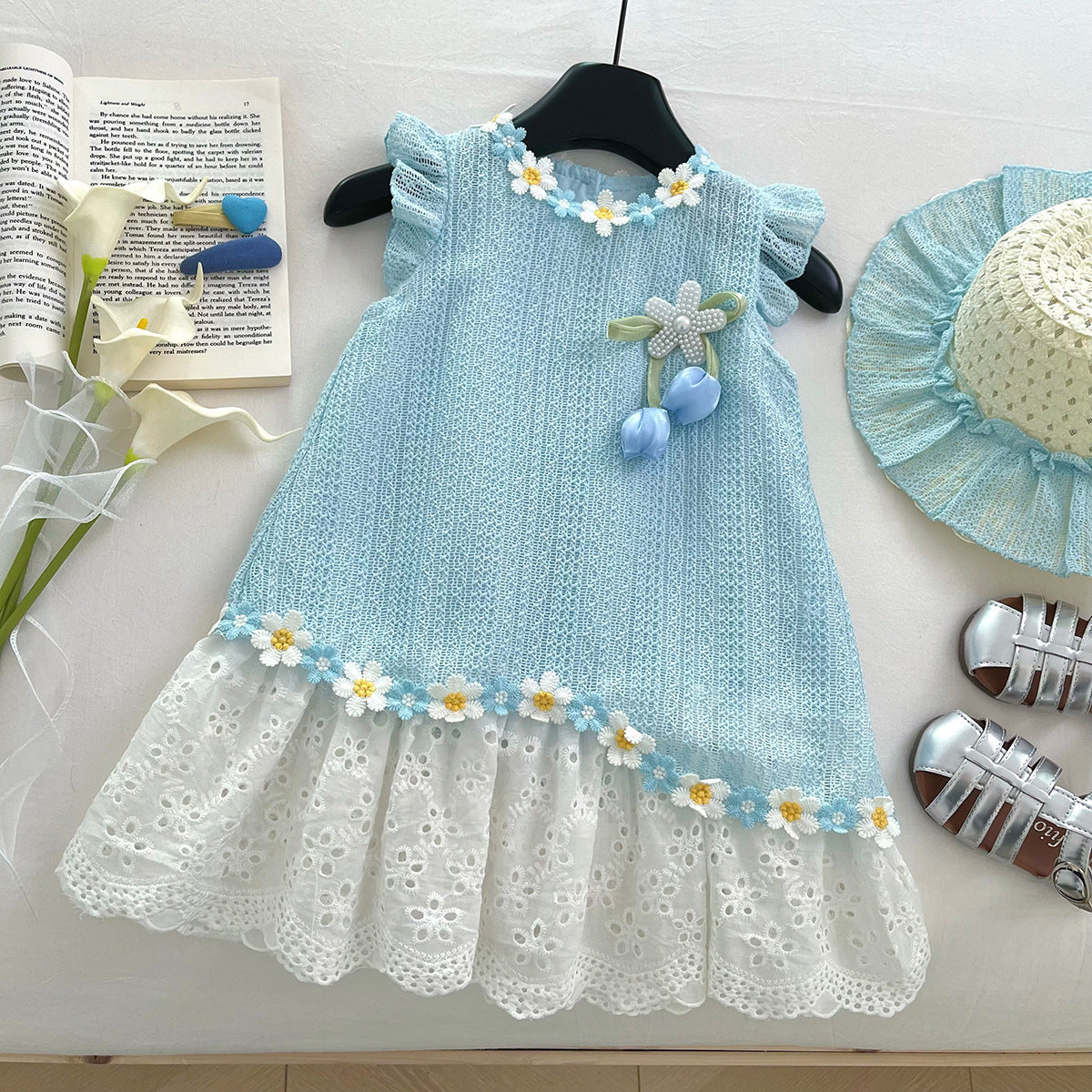 Summer Sleeveless Stitching Mesh Flower Korean Style Western Children's Dress