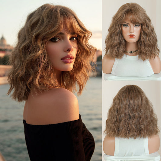 Short Curly Brown Female Fluffy Wavy Partial Bangs Wig Long Curls