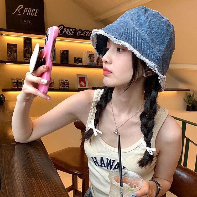 One-piece Denim Fisherman Twist Braid Summer Short Hair Collarbone Length Long Straight Wig