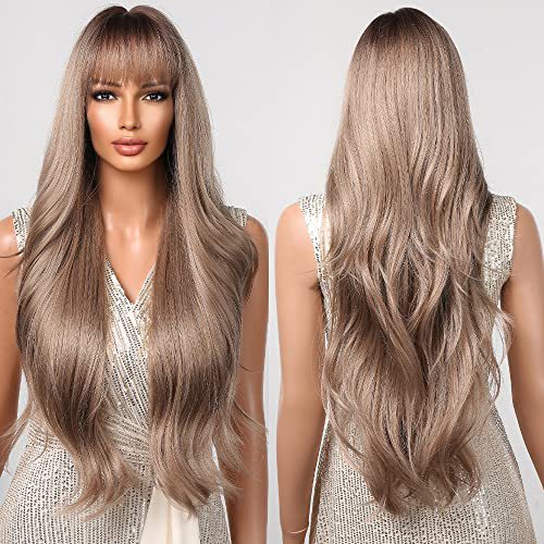 Female Gradient Brown High Skull Top Straight Bangs Hair Simulation Wig Long Curls