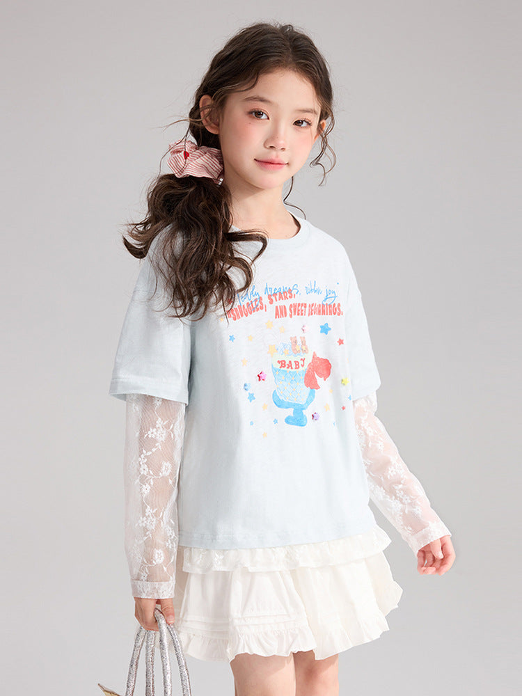 Children's Pudding Clothing Fake Two-piece Summer Lace Stitching Pure Cotton Children's T-shirt