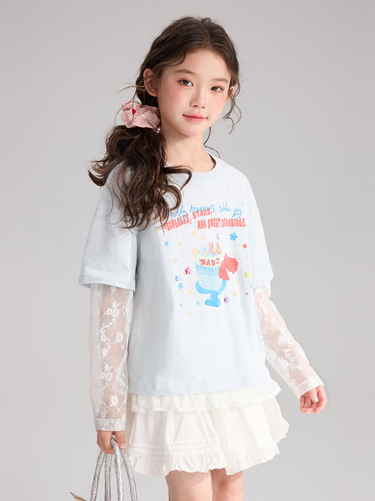 Children's Pudding Clothing Fake Two-piece Summer Lace Stitching Pure Cotton Children's T-shirt