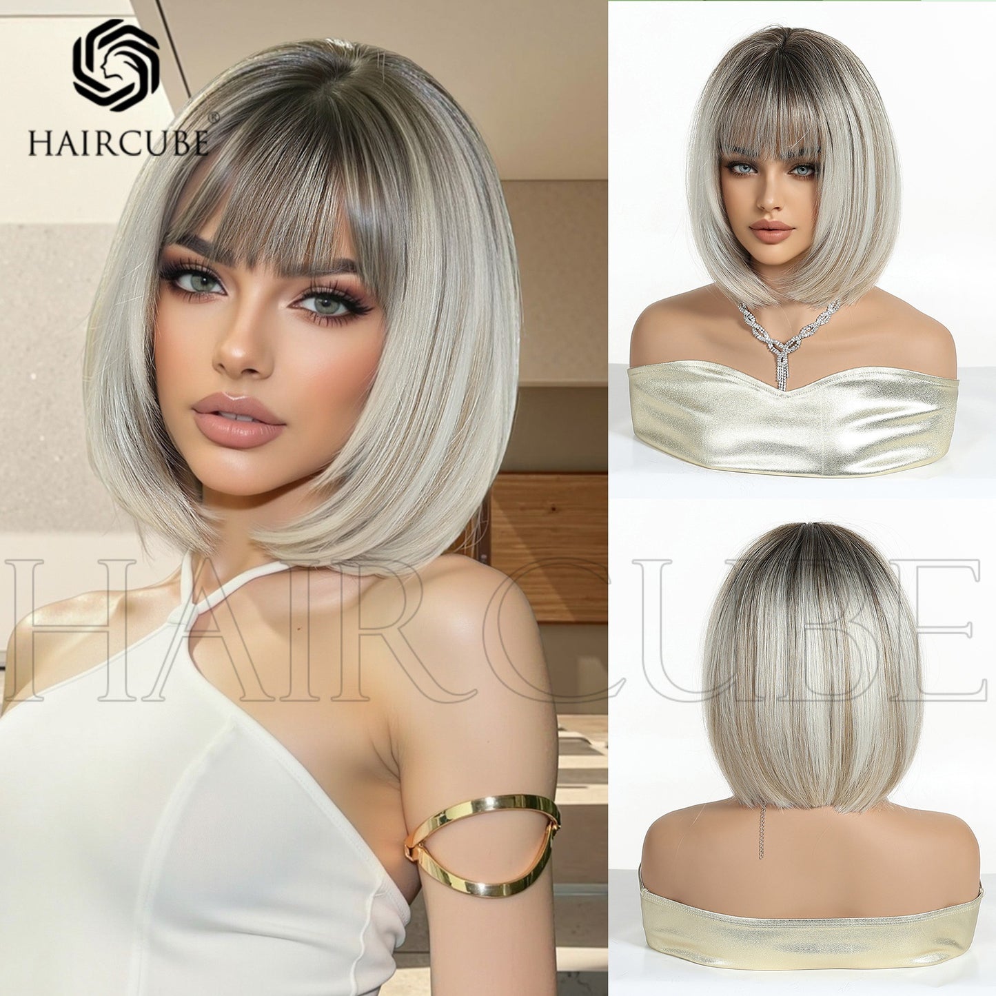 Head Cover Golden Dyed Bangs Summer Wig Short Straight Hair