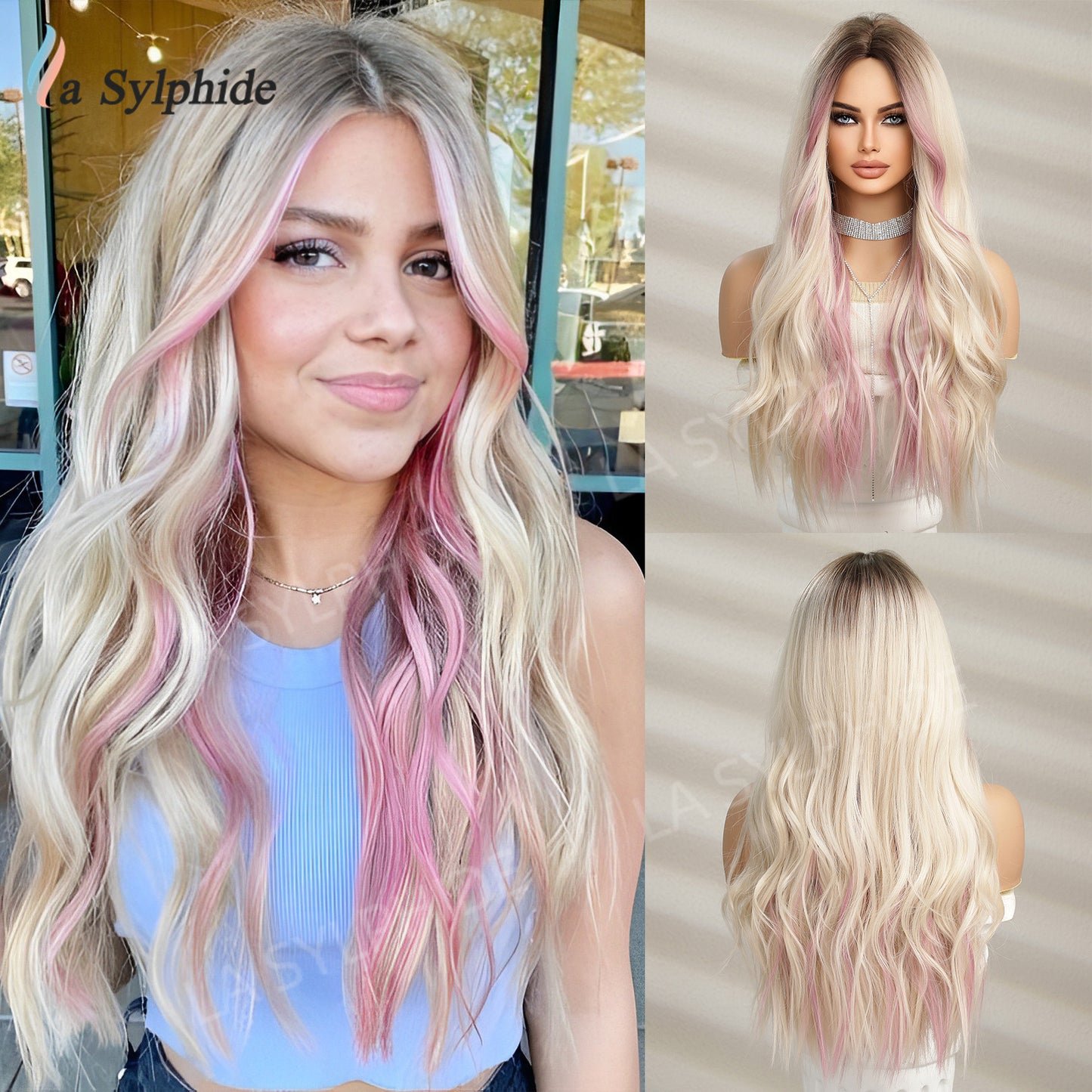 Fiber Chemical Mid-point Simulation Gradient Golden Pick Pink Wig Long Curls