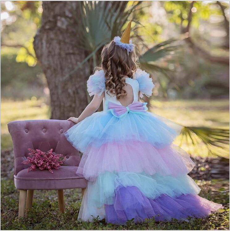 Children's Unicorn Theme Rainbow Gradient Mesh Trailing Princess Birthday Children's Dress