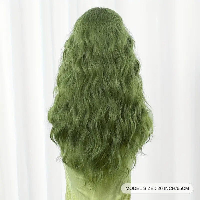 Women's Grass Green Small Bangs Water Ripple Curly Wig Long Curls
