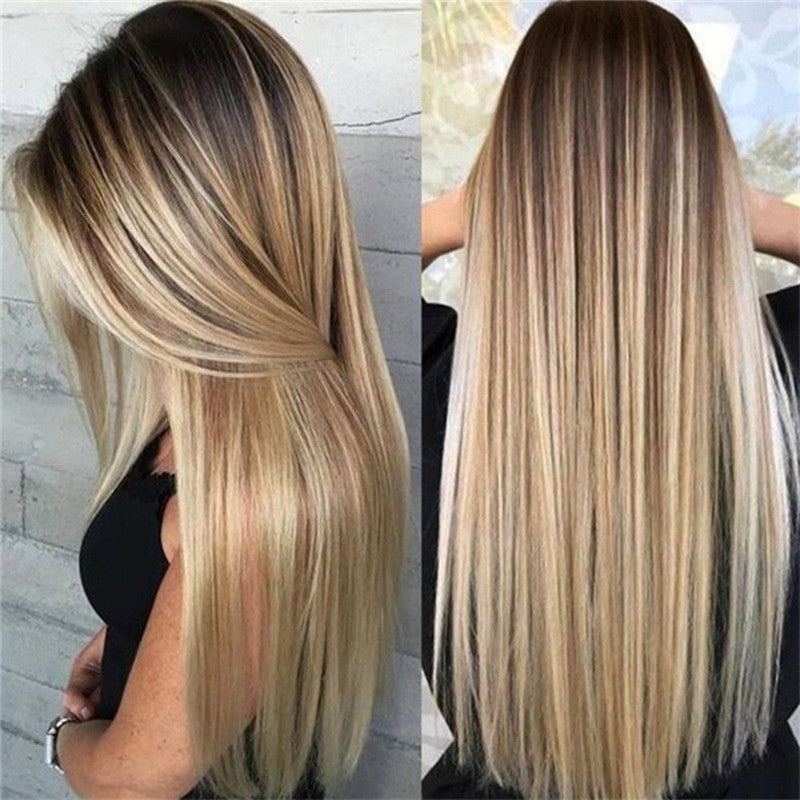 Women's Hair Dyed Chemical Fiber Brown Gradient Gold Long Straight Wig
