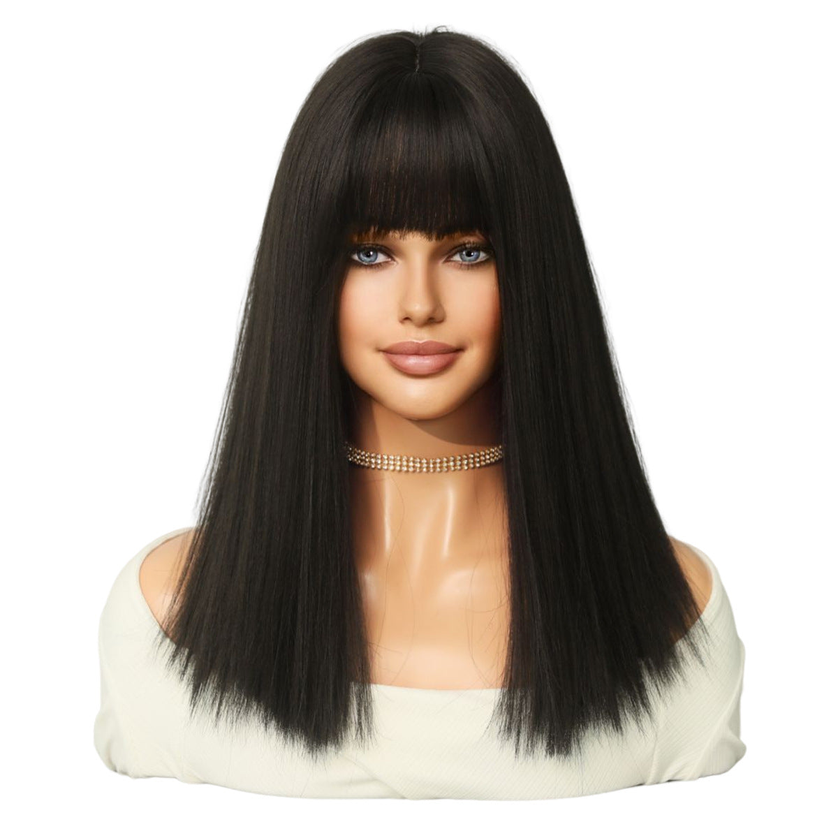 Women's Black Median To Fashion Air Bangs Long Straight Wig
