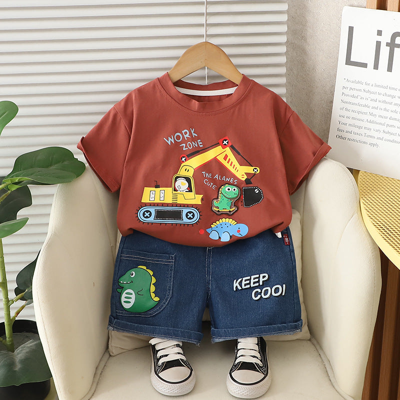 Children's Summer Short Sleeve Excavator Dinosaur T-shirt Clothing Handsome Korean Style Children's Suit