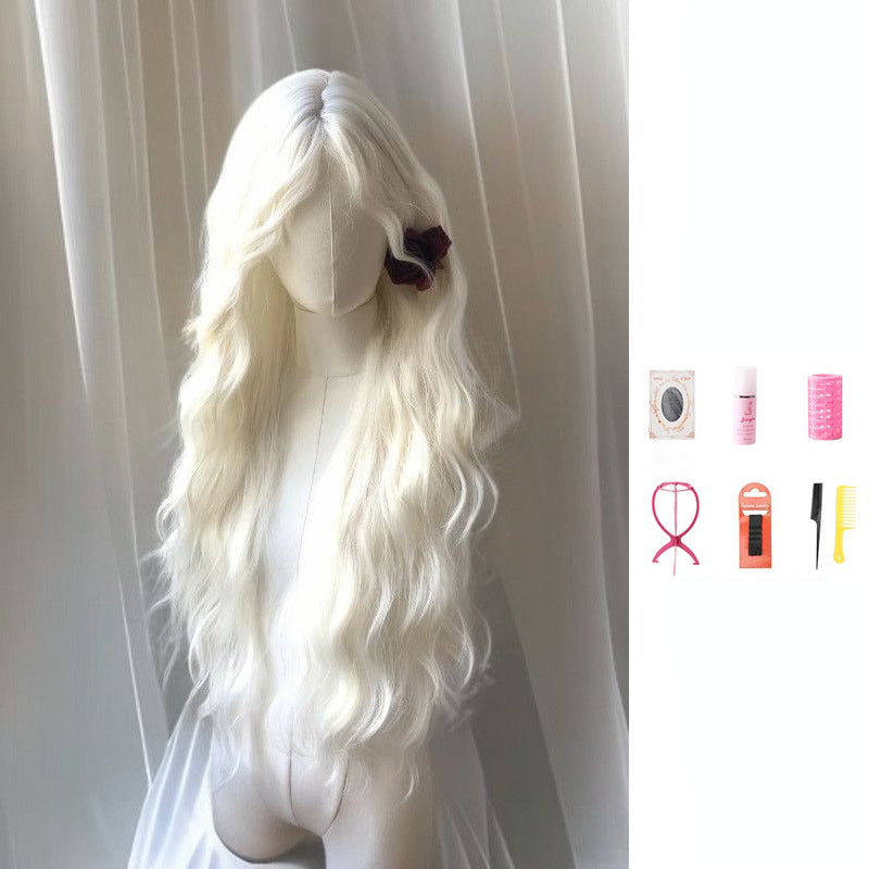 Women's Mid-length Bangs White Curly Hair Big Wave Feeling Wig Long Curls
