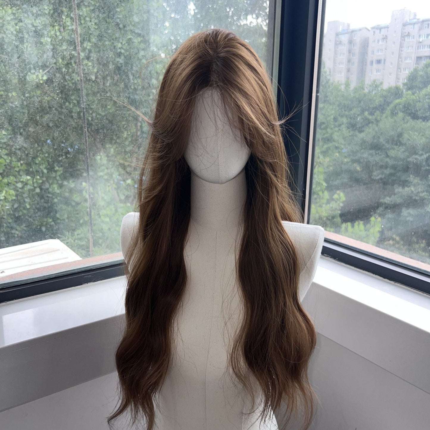 Women's Full Head Artificial Hair Front Lace Linen Golden Brown Water Wig Long Curls