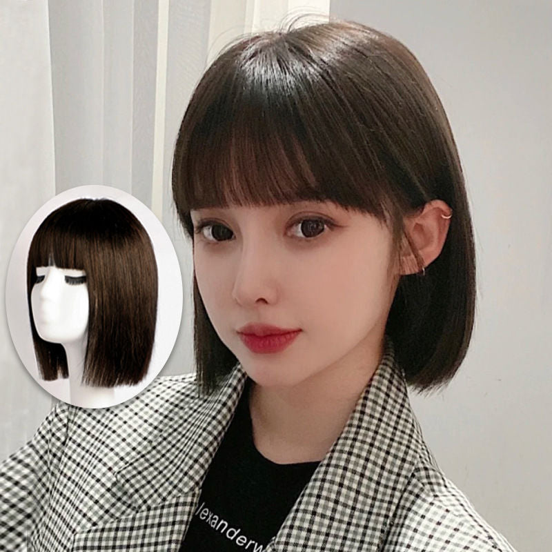 Women's Short Full Human Natural Straight Bangs Real Hair Wig