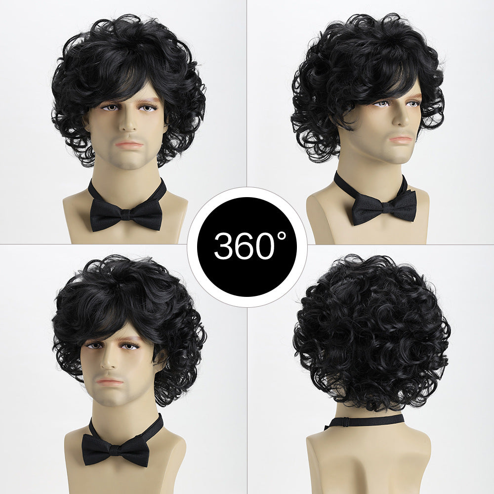 Men's Short Hair Fluffy Chemical Fiber Curly Head Men's Wig